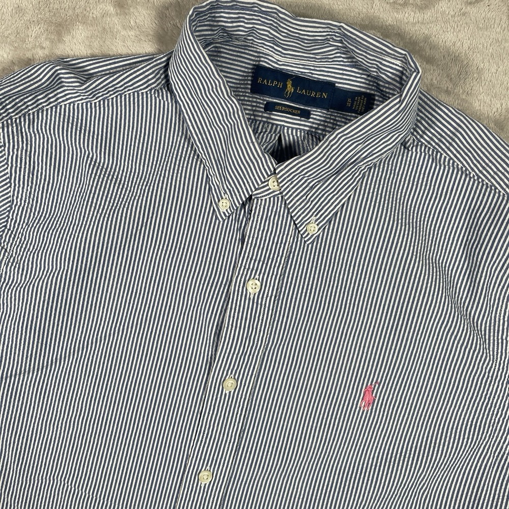 Polo Ralph Lauren Shirt Men XL Blue Seersucker Striped Short Sleeve‎ Pink Pony